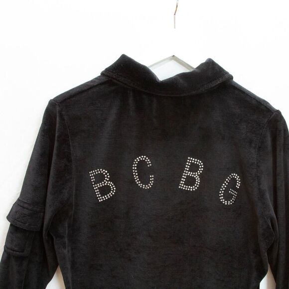 Vgt Y2K BCBG Rhinestones Bling Logo Black Velvet Tracksuit Jacket Sz L Full Zip - Picture 3 of 10
